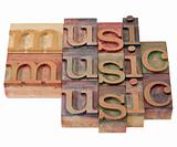 music word in letterpress type
