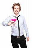 Young man drinking pink wine.