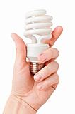 Arm holding florescent light bulb. Isolated on white background