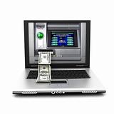 laptop with cash machine and dollars from screen