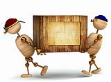 two 3d wood man carring big wooden box