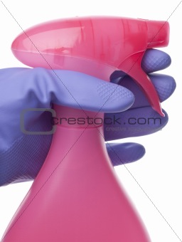 Pink Gloved Hand on Spray Bottle Cleaning Concept
