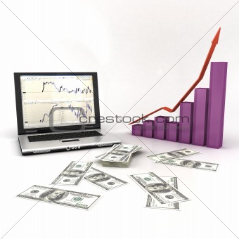 laptop with dollars and graph