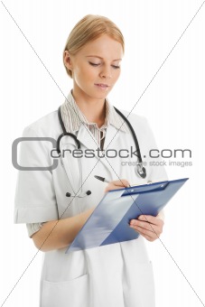 Confident medical doctor woman taking notes