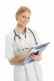 Cheerful medical doctor woman taking notes