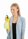 Cheerful young lady spraying cleaner liquid