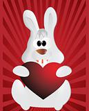 bunny carrying heart shape with red background