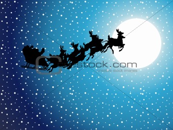 Silhouette Illustration of Flying Santa and Christmas Reindeer