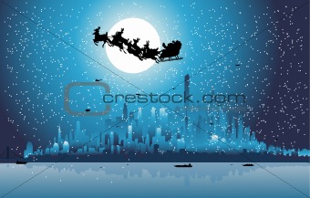 Santa Claus riding his sleigh over a city
