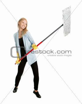 Cheerful woman having fun while cleaning