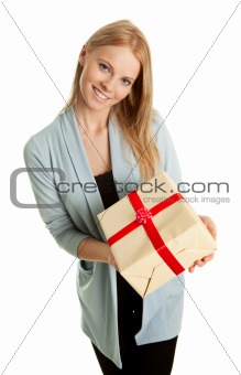 Happy woman holding gift box