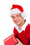 young men in red christmas clothes and gift box