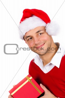 young men in red christmas clothes and gift box smiling