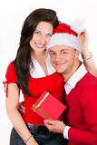 happy couple in red christmas clothes