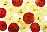 Transparent slices of red and yellow grapes