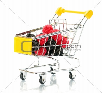 Raspberry blackberry fruit in the shopping cart