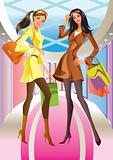 two fashion shopping girl with  bag in mall
