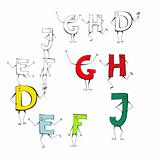 Set of cartoon style letters E, F, J, G, H, D