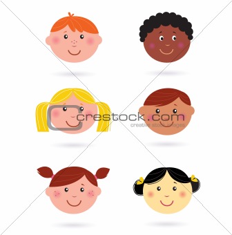 Cute multicultural children heads icons - isolated on white