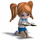 cute little cartoon school girl reads a book