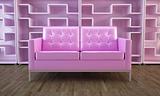 Pink sofa and bookcase