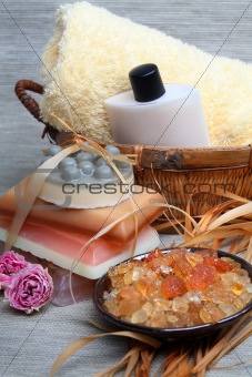 Spa composition: handmade soap, bath salt, moisturizer, towel, o