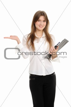 woman presenting a product