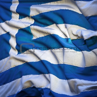 Flag of Greece, fluttering in the breeze, backlit rising sun