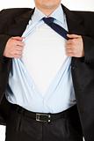 Businessman superman tearing his shirt - add your text. Close-up. 
