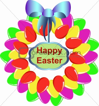 A colorful Easter egg wreath isolated over white