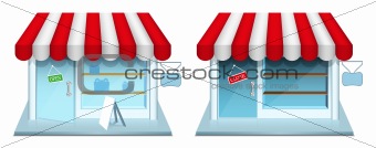 Shop with closed and open door. Vector Icons.