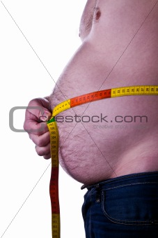 fat man holding a measurement tape 