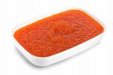 Red caviar in a plastic container