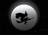 Scary witch flying on broom by moon