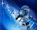 Robot with magnifying glass on DNA background