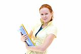 redhead young woman student holding a notebooks