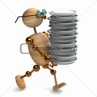 3d wood man is holding  dishes