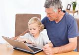 Lovely boy and his grandfather looking at their laptop 