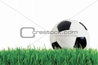 Soccer ball on green grass over white background