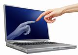 woman hand touching laptop monitor over white background