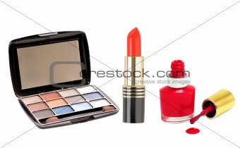 Many colourful woman cosmetics on white white background