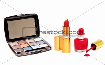 Many colourful woman cosmetics on white white background