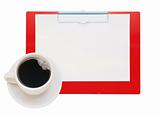 Cup of coffee and clipboard isolated on white background 