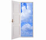Open door in blue sky. Concept