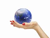 Hand with the world (globe) isolated on white