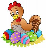 Cartoon hen with Easter eggs