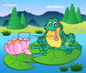 Cute frog sitting on water lily