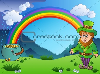 Meadow with rainbow and leprechaun