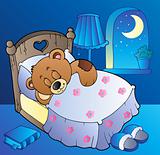 Sleeping teddy bear in bedroom