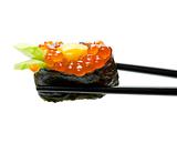 Sushi with chopsticks isolated over white background